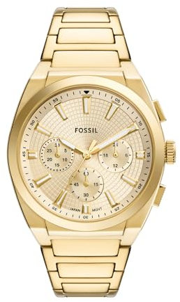 Fossil Reloj Everett para Hombre, Movimiento Cronógrafo Cuarzo con Correa de Piel o Acero, Tono Oro