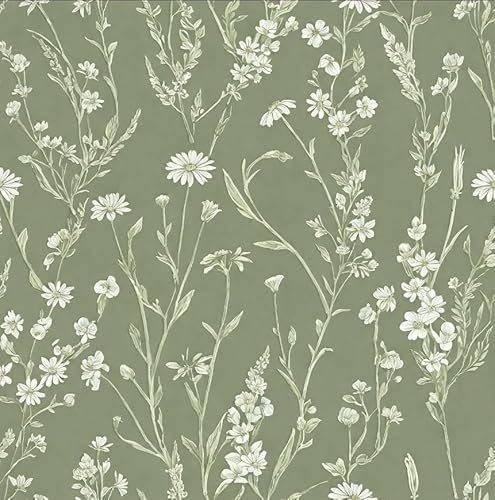 CHDITB Wallpaper Green Peel And Stick,Vintage Flower Wallpaper,Green Plants Stickers(44x300cm) Floral Wall Paper Self Adhesive,Light Botanical Stickers For Living Room Bedroom Wall Cabinets Furniture