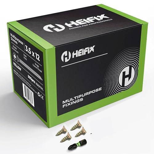 Heifix Multi-Purpose Wood Screws Pozi Double Countersunk - FREE Screw Bit Included (QTY 500, 3.5mm x 12mm)