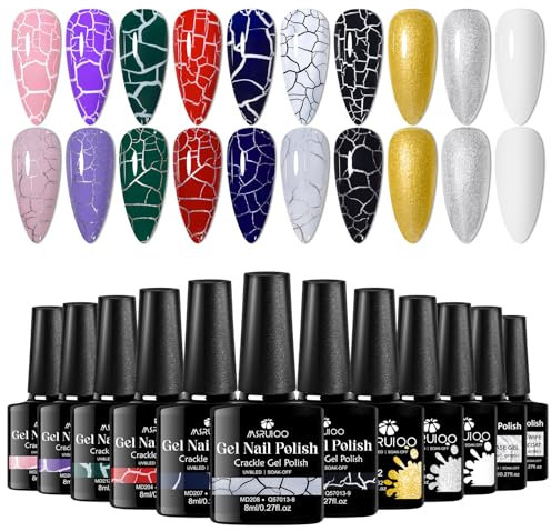 MSRUIOO 12 Piece Crackle Gel Nail Polish Set Black Green Blue Crackle Gel Nail Polish + White Silver Gold Nail Polish Nails Art Kit and Base Top Coat, Super Easy Cracked, Air Dry