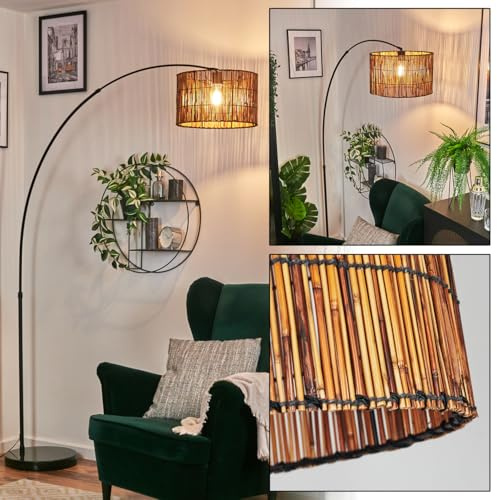 HOFSTEIN Stehleuchte Cando, Stehlampe mit Marmorfuß aus Metall/Bambus in Schwarz/Naturfarben, verstellbare Leuchte im Boho-Design, Schirm Ø 35 cm, Fußschalter, E27, Wohnzimmer, Schlafzimmer, Büro