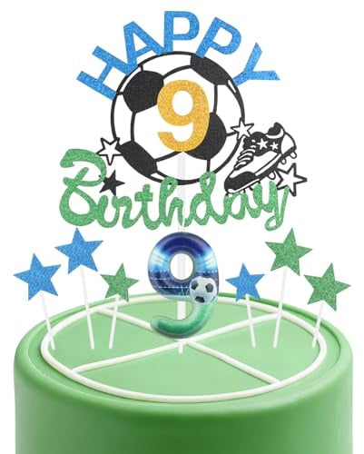 Football Birthday Candles Cake Toppers Set,Soccer Number 9 Candle for Cake,Boys 9th Birthday Decorations,Blue Green Candles Cake Toppers Soccer Cake Decorations for Football Themed Party Supplies