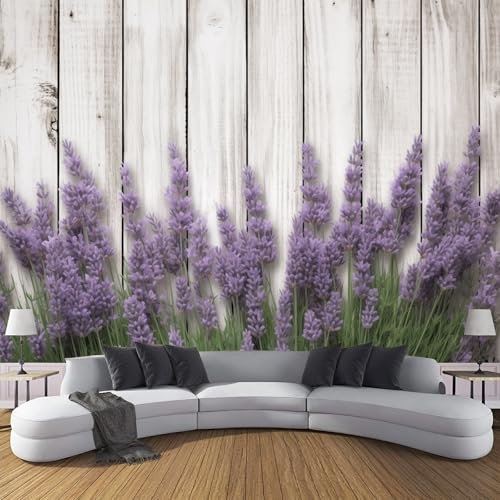 3D Botanischer Garten Fototapete Lavendel Weißes Holzbrett Wandtapete Schlafzimmer,Gebranntes Orange Tapete Wanddekoration, Lila, Kinderzimmer Fototapete,150 X 105 Cm (B X H)