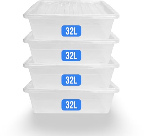 KAPCO Space-Saving Containers – 32L Underbed Organiser Boxes (Set of 4) | Flat Plastic Storage Box with Clear Lid, Dust-Proof Design for Duvets & Clothes | Clear Plastic Boxes, Stackable | 32 Litre