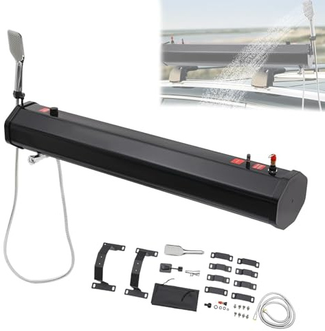 Reservoir Eau Camping Car Douche Portable avec réservoir d'eau sous Pression pour Le Rangement du véhicule, Porte-Bagages de Toit chauffé à l'énergie Solaire pour la randonnée, Le Lavage de