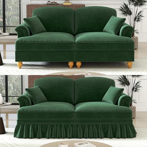 HAUSPROFI Modular Sofa, Couch mit Schlaffunktion, Cloud Couch mit Abnehmbarem Faltenrock,Verlängerte Armlehnen und Sofabeine aus Holz, Chenille-Gewebe, fürs Wohnzimmer (Grün, 2 Sitze)