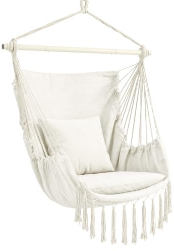 Sekey Hängesessel mit 2 Kissen & Seitentasche - Boho Hängestuhl bis 120 kg - Robuste Metallstange & Anti-Rutsch-Ringe - Atmungsaktive Hängeschaukel für Indoor, Balkon & Garten, Beige
