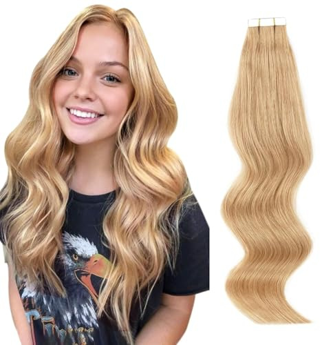 ABH AmazingBeauty Hair Semi-permanent Real Remi Remy Human Tape in Hair Extensions 50g 20pcs Skin Weft Tape Attached Invisible Seamless Reusable Dark Dirty Blonde Color 12, 18 Inch
