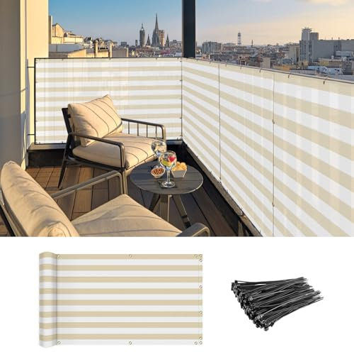 Coarbor Sichtschutzzaun, 90 x 180 cm, für Balkon, Veranda, Deck, Terrasse – bis zu 90 % Blockierung, beige-weißer Streifen