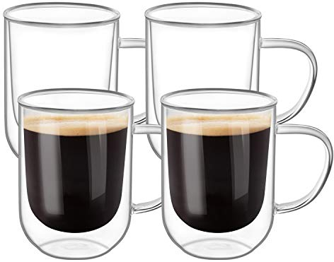 ComSaf 380ml Double Walled Coffee Mug, Cappuccino Latte Macchiato Glasses Cups with Handle Borosilicate Heat Resistant Glass Cups for Coffee Tea Milk Juice, Pack of 4