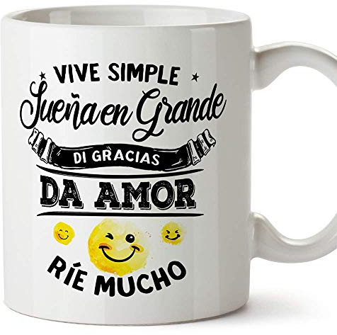 MUGFFINS Taza Motivacional Vive Simple, sueña Grande, di Gracias, da Amor, ríe Mucho. - Regalos para Animar y Motivar en el Desayuno