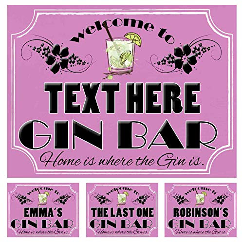 PERSONALISED GIN BAR PINK NOVELTY GIFT IDEA METAL TIN WALL SIGN GLASS THEME HOME BAR MAN CAVE PARTY (110PER)