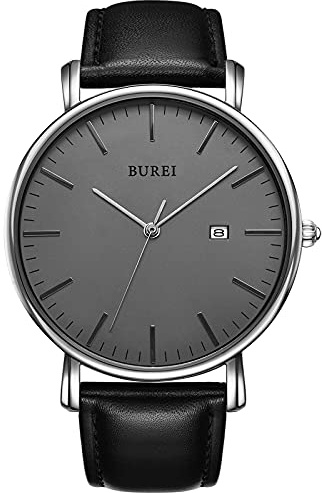 BUREI Ultra Dünne Uhren Herren Analoges Datum Armbanduhr Herren mit Japanisches Quarzwerk, Geschenke für Männer (Goldnägel des Blauen Hintergrunds der Schwarzen Schale, Leder)