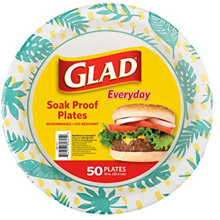 Glad Round Decorative Disposable Paper Plates, Palm Leaves Pattern, Soak Proof, Cut Resistant, Microwave Safe Dinner Plates for Everyday Meals, Parties, and Picnics, 10 Inch, 50 Count