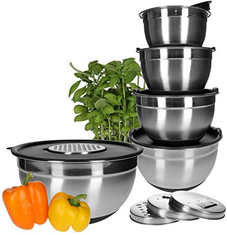 TP Schüssel-Set aus Edelstahl, 15-teilig, stapelbare Rührschüsseln mit Deckel, Anti-Rutsch Boden, Skala, inkl. praktisches Zubehör, Spritz-Schutz für Teig, Gemüse-Hobel zum Reiben von Salat