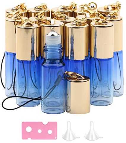 Rowiz 15PCS 5ml Blue Gradient Color Glass Roll on Bottles Empty Sample Vial Essential Oil Glass Bottles with Stainless Steel Roller Balls and Golden Screwcap with Buckle