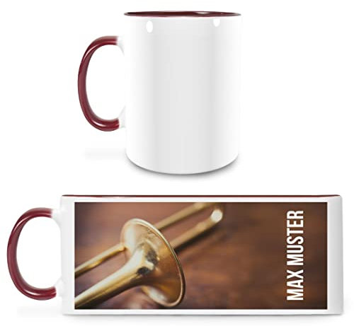 Manutextur Tasse mit Namen - personalisiert - Motiv Posaune - viele Farben & Motive - weiß/Marone - persönliches Geschenk mit Wunsch-Motiv und Wunsch-Name