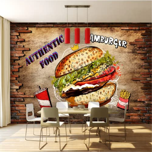 SHINERING Burger Fast Food Restaurant Tapete 3D Hamburger Essen Snackbar Industrielles Dekor Backsteinmauer Hintergrund Wandbild Tapete 3D 350 cm (L) × 245 cm (H)