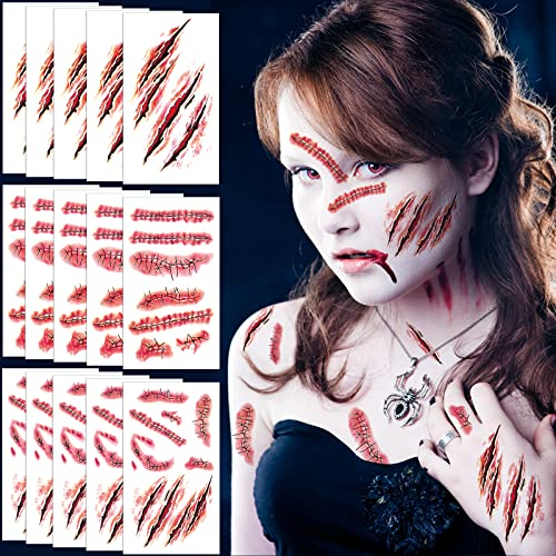 Halloween Temporäre Tattoos - 15 Blatt Narben Zombie Vampir Tattoo Mit Realistisch Wirkende Schaurig Blutige Kinder Erwachsener Make-up Requisiten, Party Deko Cosplay Zubehör
