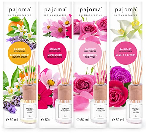 pajoma Lot de 4 parfums d'ambiance - 50 ml - Rosée du matin, pétales de rose, orange, vanille et baies