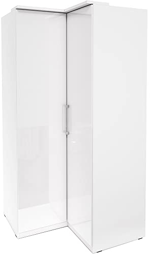 Lomadox Schlafzimmer Eckkleiderschrank weiß mit Fronten in Hochglanz weiß, B/H/T: ca. 109/217/63 cm