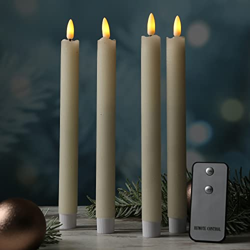 MARELIDA LED Stabkerzen Tafelkerzen Dinnerkerzen Echtwachskerzen flackernde 3D Flamme H: 24cm mit Fernbedienung - 4er Set (creme)
