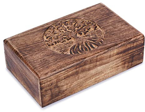 Ajuny Holz handgefertigte dekorative Box mit mittleren Baumschnitzereien Braun - Mehrzweck Verwendung als Schmuckaufbewahrung, Uhrenbox, ideal für Geschenke 8X5