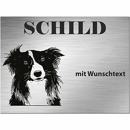 INDIGOS UG - Schilder selbst gestalten Border Collie - Wunschtext personalisiert - Aluverbundplatte Edelstahllook - ab 20x15 cm - Spruch - Deko Geschenkidee für Ihren Hund - Zaun - Türschild