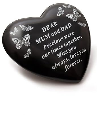 David Fischhoff Sentiment Black Heart with Butterflies Graveside Remembrance Plaque Ornament - Mum and Dad
