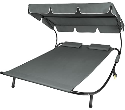 TecTake® Tumbona Doble de Jardín, Tumbona de Playa con Parasol Plegable, Tumbona de Piscina para Dos, Tumbona Jardín Exterior con 2 Ruedas y Cojines, Fácil Montaje, Interior y Exterior - Negro/Gris