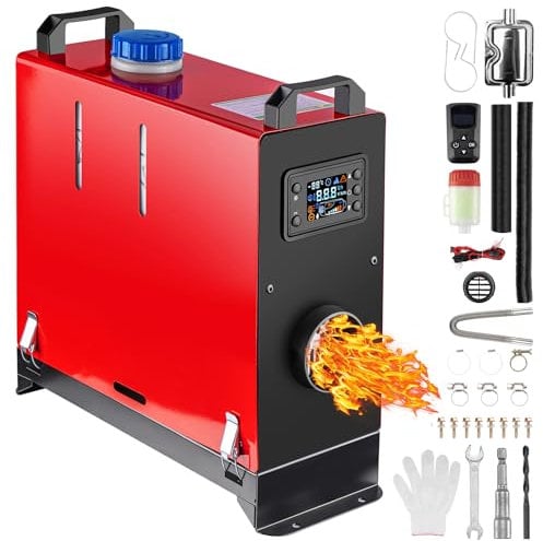 Redriver Standheizung Diesel, 12V/24V Lufterhitzer, 5KW Air Diesel Heizung mit Schalldämpfer, LCD Schalter u. Fernbedienung für Auto RV Boote LKW KFZ PKW Wohnmobil (Rot, 5KW)