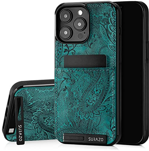 SURAZO Genuine Leather Back Case for iPhone 15 Pro Max - Shockproof Leather Case with Card Slot, Stand Function, Key Fob, Floral Slim Bumper Protective Cover