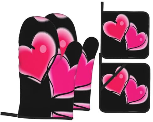 Two Pink Hearts Oven Mitts and Pot Holder 4-Piece Set,for Cooking Barbecue, Pot Lid, Microwave,Heat-Resisting