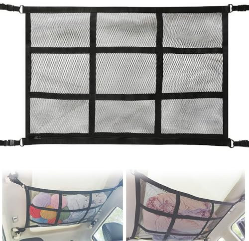 FIBOUND 1 Peizas Red de Carga con Cremallera para Techo de Coche, Malla de Doble Capa para Coche, Bolsillo de Carga para Techo de Coche, Red con Ganchos para Sostener Bolsas en Coche, para Vehículos