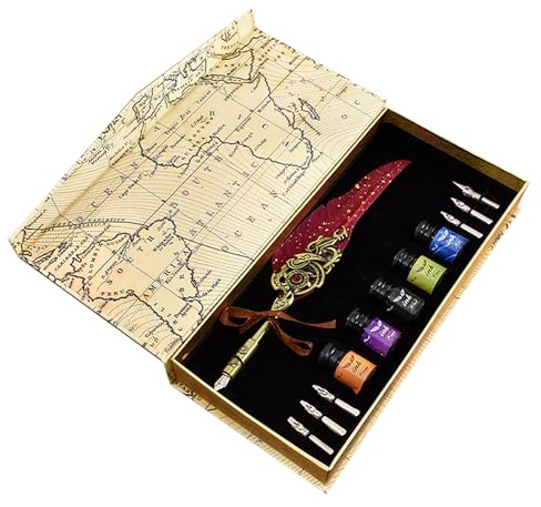 1 Feder- und Tintenset, Kartenschatulle mit 5 Tinten, 6 Federn und Federhalter, Tauchstift, Kalligraphie-Zubehör, Füllfederhalter-Set, Klassisches und elegantes Geschenk für Anfänger (Burgund)