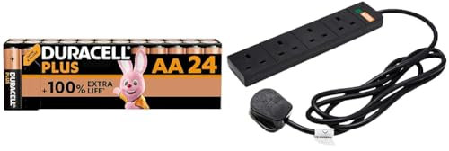 Duracell Plus AA Batteries (24 Pack) - Alkaline 1.5V - Up To 100% Extra Life - Reliability For Everyday Devices LR6 MN1500 & PRO ELEC PELB1706 4 Gang Surge Protected Mains Extension Lead, Black, 2m