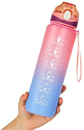 SEASEVEN Water Bottle with Straw 1L,Boys Water Bottles with Straw 1 Litre,Waterbottle Leak-Proof Sports Water Bottle,Plastic Drinks Bottles Toxin Free,Bpa-Free (Pink-Sky blue)