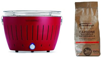 LotusGrill - Barbecue Portatile a Carbone - Standard LG G34 - con cavo di alimentazione USB, 35 x 23,4 cm, Rosso + 2 Kg Carbone naturale Antiche Carbonaie, 100% legno di leccio italiano artigianale