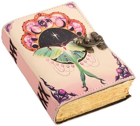 TUZECH Libro degli incantesimi diario rilegato in pelle, con bordo a bordo, carta Grimoire stampato, diario terzo occhio, quaderno a spirale, gotico, libro vintage antico per uomini e donne (rosa luna