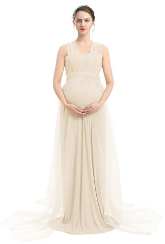 OMEWEE Beige-Femme Enceinte Robe Grossesse Maternité Photographie Jupe Elégante Sexy en Mousseline de Soie Vêtement Maternité Mariage Soireé Cérémonie Plage Beige L