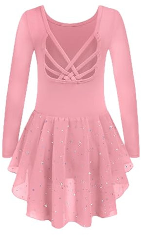 Arshiner Ballettkleidung Mädchen Baumwolle Langarm Ballettanzug Rosa Kinder Tanzkleid Ballett Outfit Ballettkleid Pailletten Tütü 140/5-6 Jahre