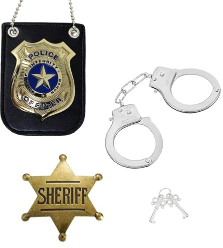 GETRICH Accesorios Policia para Niños, Placa de Policía, Esposas Juguete Niños, Broche, Llave, Policía Accesorio para Juegos de Roles, Fiestas, Carnaval, Niños Halloween Fiesta