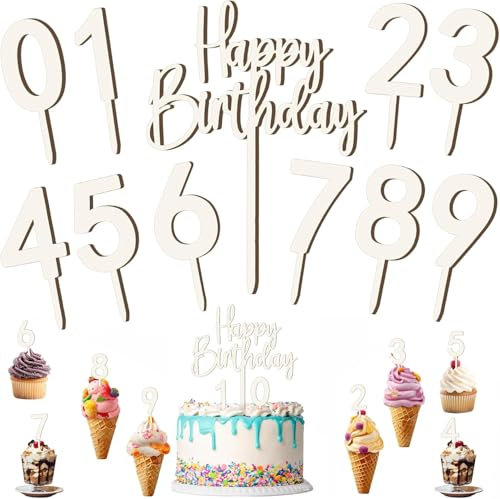 11 Stück Happy Birthday Tortendeko aus Holz mit Cake Topper Zahlen 0-9, Kuchenstecker Cupcake, Holz Kuchendekor Cupcake Topper Kuchen Deko für Mädchen Junge Frauen Mann Geburtstagsfeiern Hochzeit