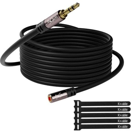 Mygatti 10m Câble d'extension stéréo jack 3,5 mm, rallonge audio mâle vers femelle, câble d'extension pour casque, noyau OFC, câble noir (avec 5 serre-câbles)