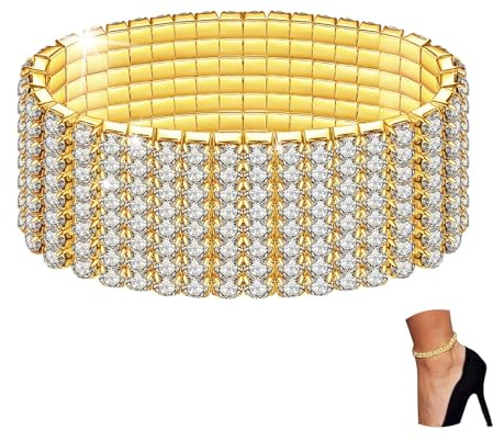 Kucheed Funkeln Diamant Fußkettchen für Frauen, Elastischer Kristall Silber-Ton Funkelnde Charm Fuß Schmuck Armreif,Bling Glänzende Strass Braut Tennis Armband Geschenk