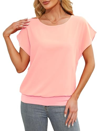 Anelune Womens Tops Summer Chiffon Blouse Ruffle Light Pink Short Sleeve Tops Loose Casual T-Shirts S-3XL Pink M