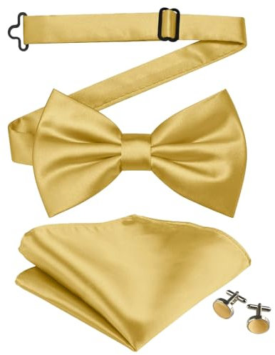 Scinzene Goldene Fliege Herren mit Einstecktuch und Manschettenknöpfe, Fliege Gold Herren, Glitzer Fliege Elegant Verstellbar für Hochzeit und Gala ﻿