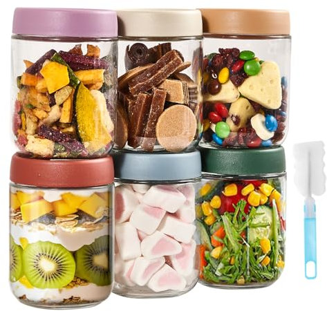 Liliume 6-pack Overnight Oats Gläser 500ml Farbmischset Overnight Oats Behälter Meal Prep Gläser für Snacks Joghurt Gewürzzucker(Sechs Farben)