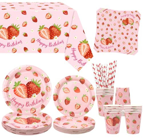 Obussgar Décoration de fête en forme de fraise – Fournitures de table pour fête d'anniversaire avec assiettes, gobelets, serviettes, nappes, pailles – Pour 20 personnes