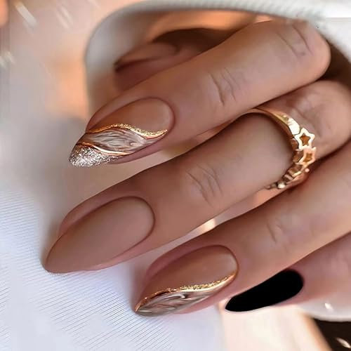 24 Short Almond False Nails - Black Nude Matte, Glitter Gold Swirl - Stick-On, Removable - Full Cover Fake Nails - for Women Nail Art - with Accessories
